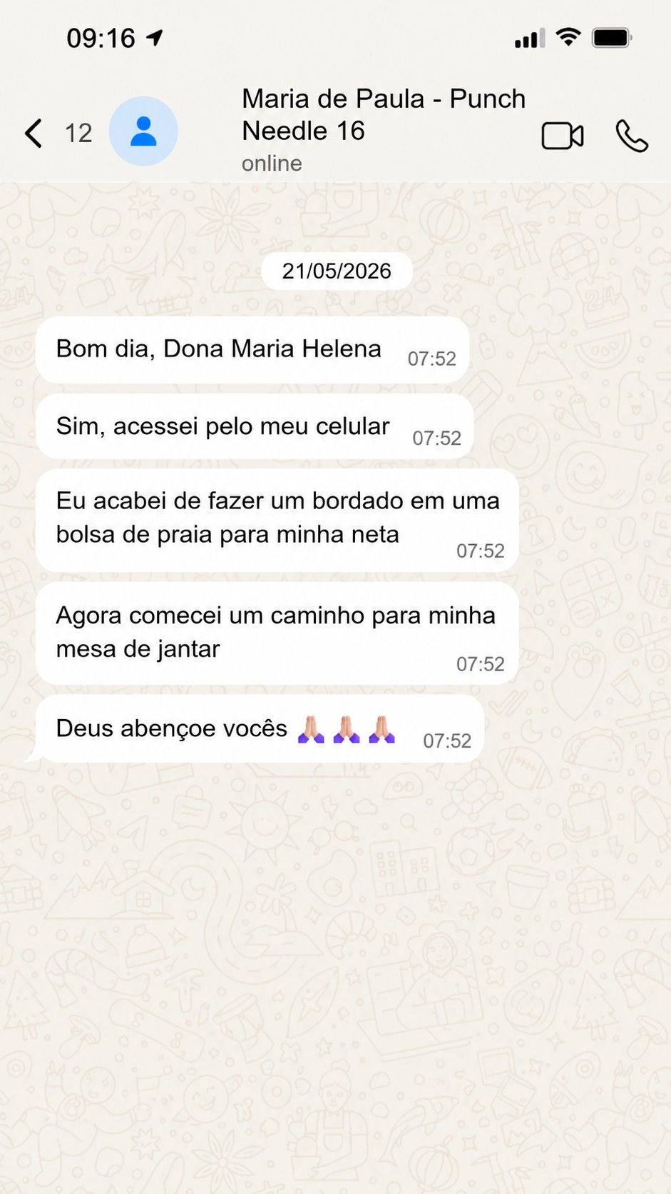 Print de conversa de aluna sobre o curso de Punch Needle — depoimento 6