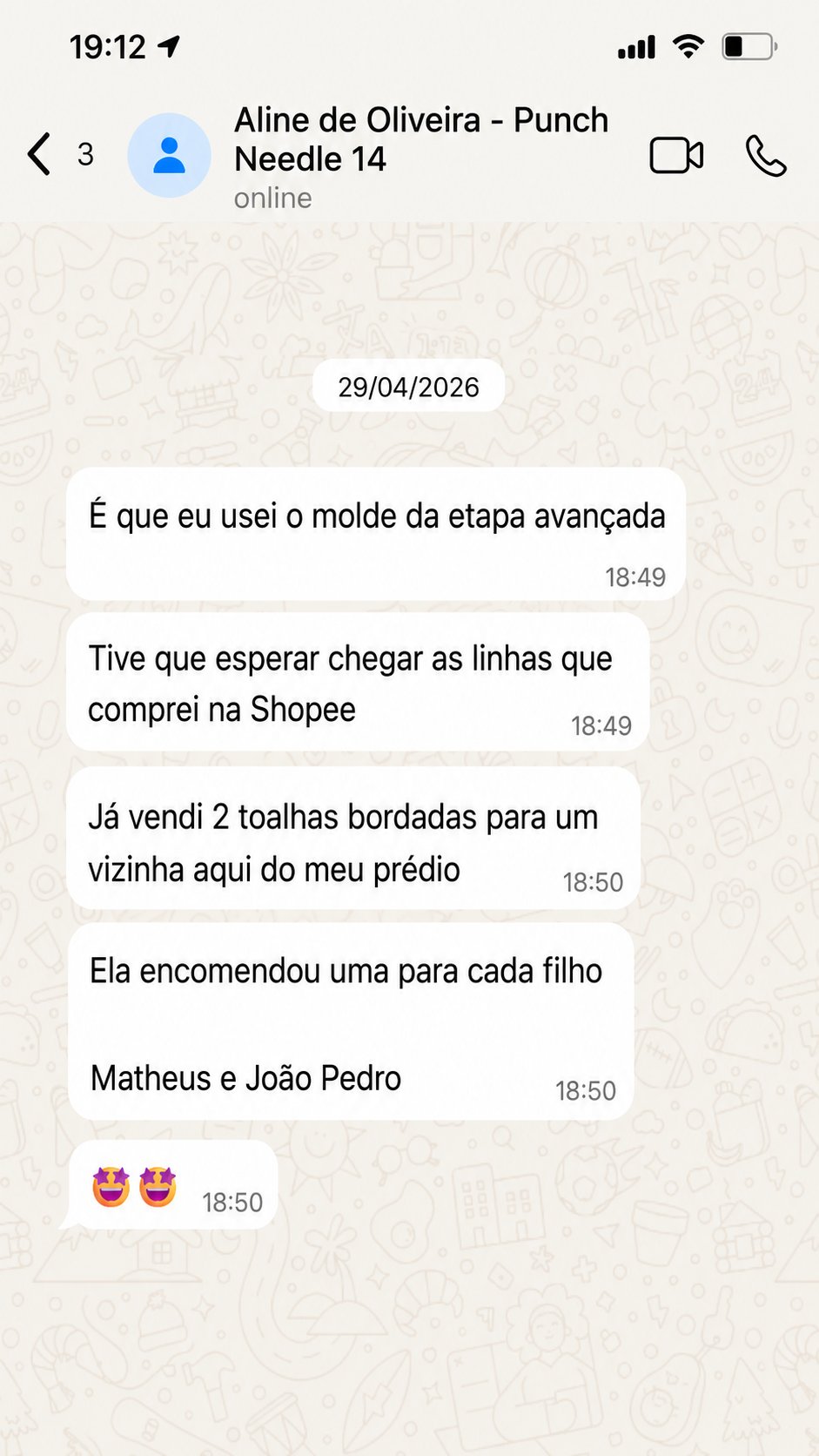 Print de conversa de aluna sobre o curso de Punch Needle — depoimento 5
