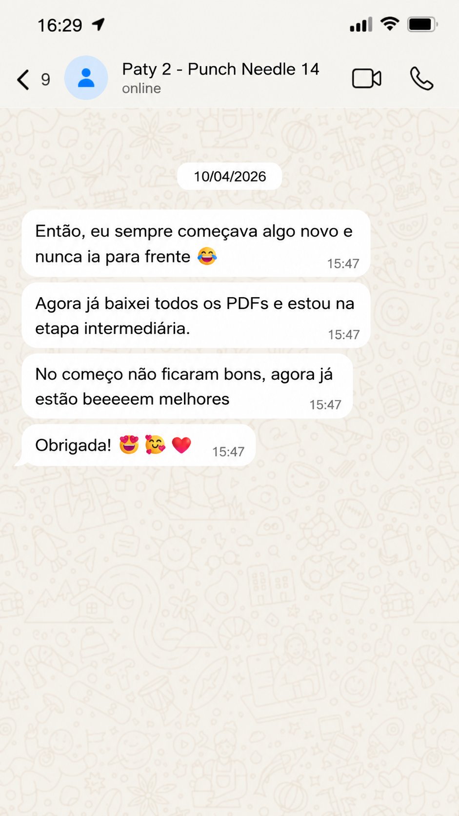 Print de conversa de aluna sobre o curso de Punch Needle — depoimento 4
