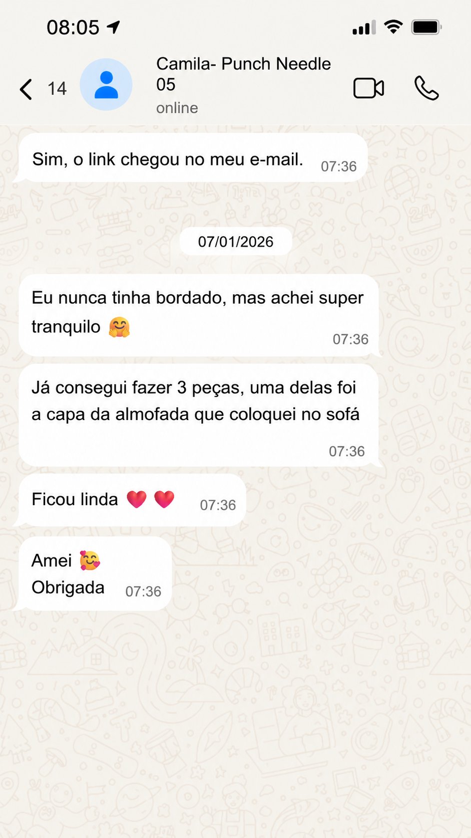 Print de conversa de aluna sobre o curso de Punch Needle — depoimento 2