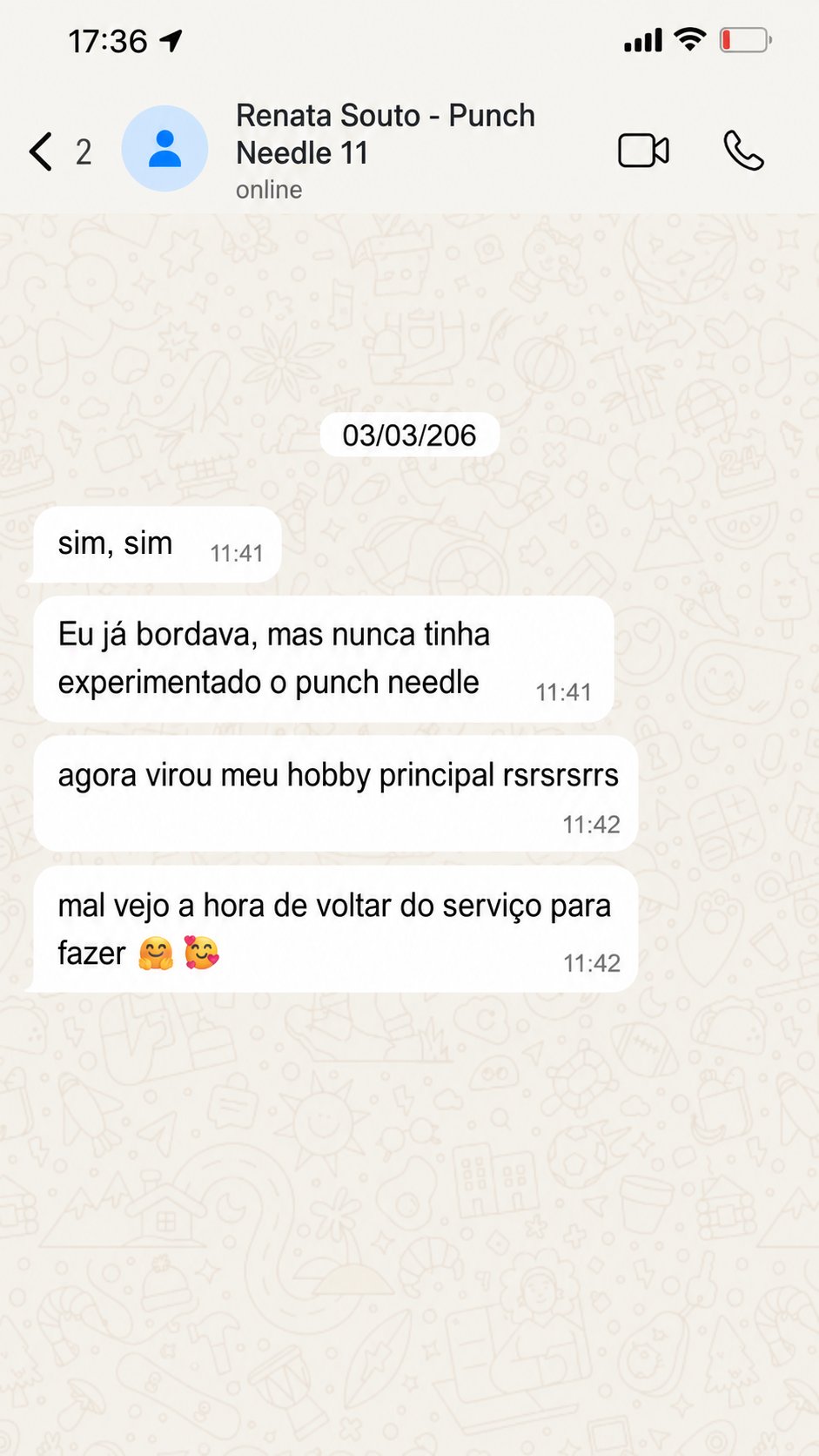Print de conversa de aluna sobre o curso de Punch Needle — depoimento 1