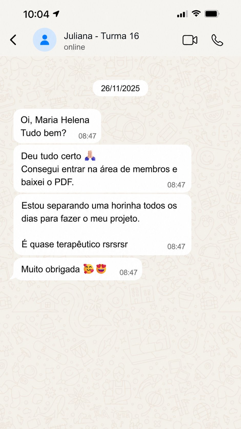 Print de conversa de aluna sobre o curso de Punch Needle — depoimento 3
